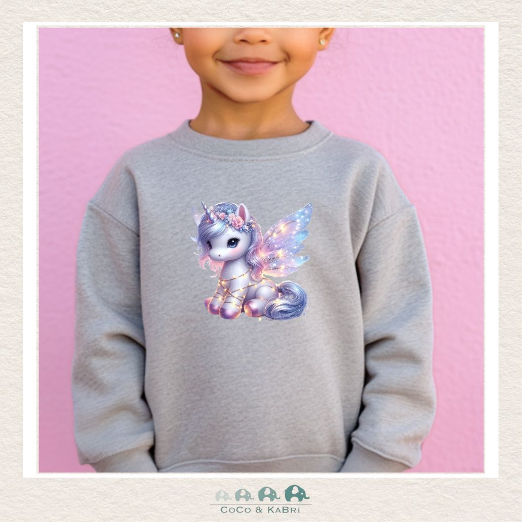 "The Drew" Sweatshirt - Toddler Fleece Crewneck (Heather Gray) with Unicorn Lights