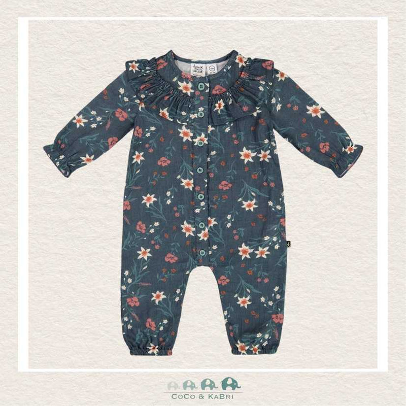 Deux Par Deux Printed Muslin Jumpsuit Teal With Flowers, CoCo & KaBri Children's Boutique