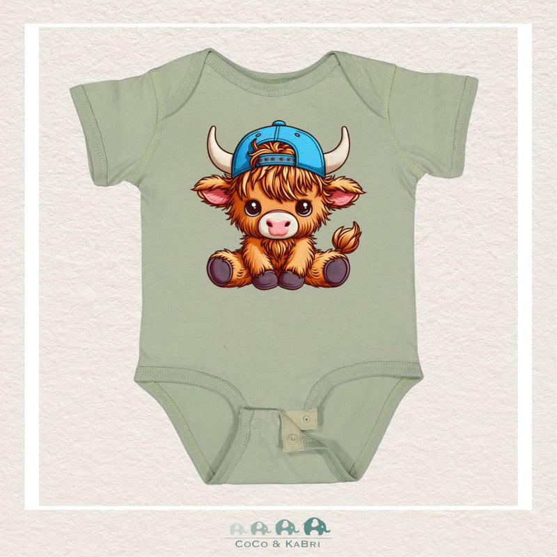 "The Alex" Green Diaper Shirt - Highland Cow with Blue Ball Cap, CoCo & KaBri Children's Boutique