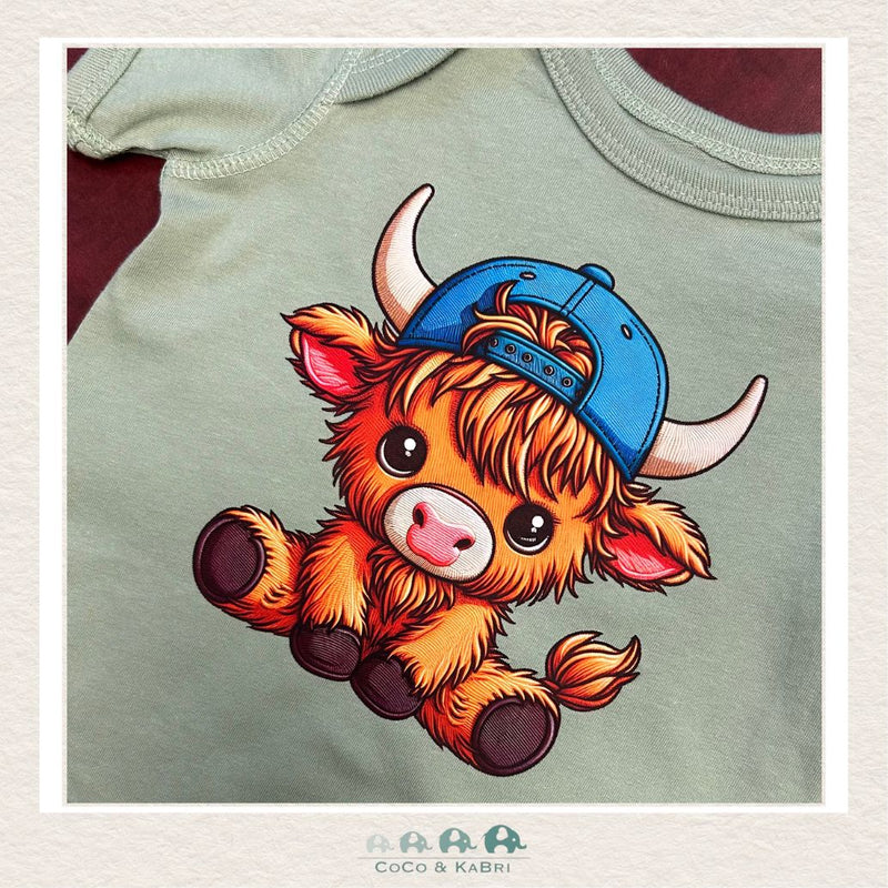 "The Alex" Green Diaper Shirt - Highland Cow with Blue Ball Cap, CoCo & KaBri Children's Boutique