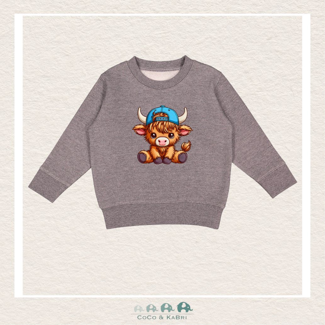 "The Drew" Sweatshirt - Toddler Fleece Crewneck Charcoal - Highland Cow with Blue Cap, CoCo & KaBri Children's Boutique