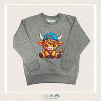 "The Drew" Sweatshirt - Toddler Fleece Crewneck Charcoal - Highland Cow with Blue Cap, CoCo & KaBri Children's Boutique