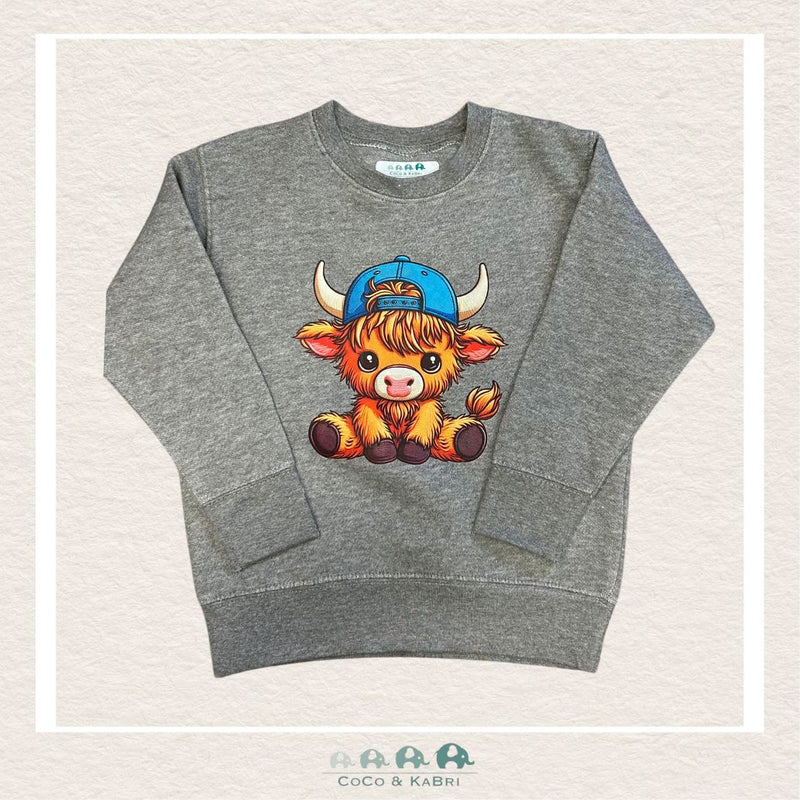 "The Drew" Sweatshirt - Toddler Fleece Crewneck Charcoal - Highland Cow with Blue Cap, CoCo & KaBri Children's Boutique