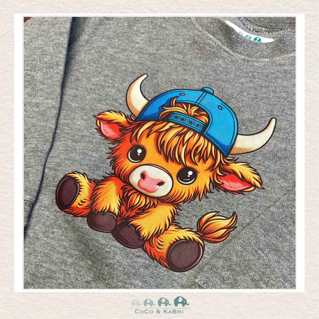 "The Drew" Sweatshirt - Toddler Fleece Crewneck Charcoal - Highland Cow with Blue Cap, CoCo & KaBri Children's Boutique