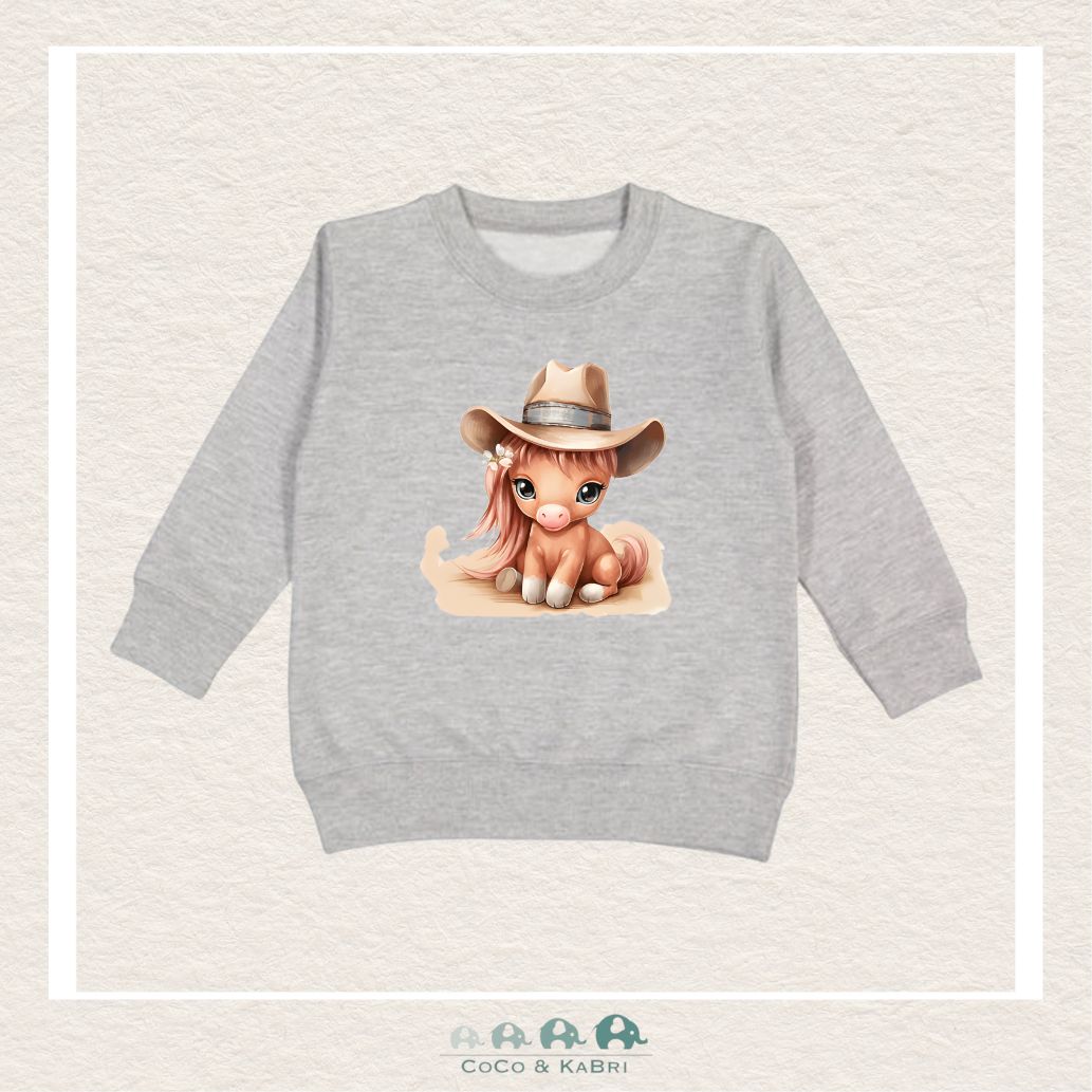 "The Drew" Sweatshirt - Toddler Fleece Crewneck (Heather Gray) with Cowgirl Horse, CoCo & KaBri Children's Boutique