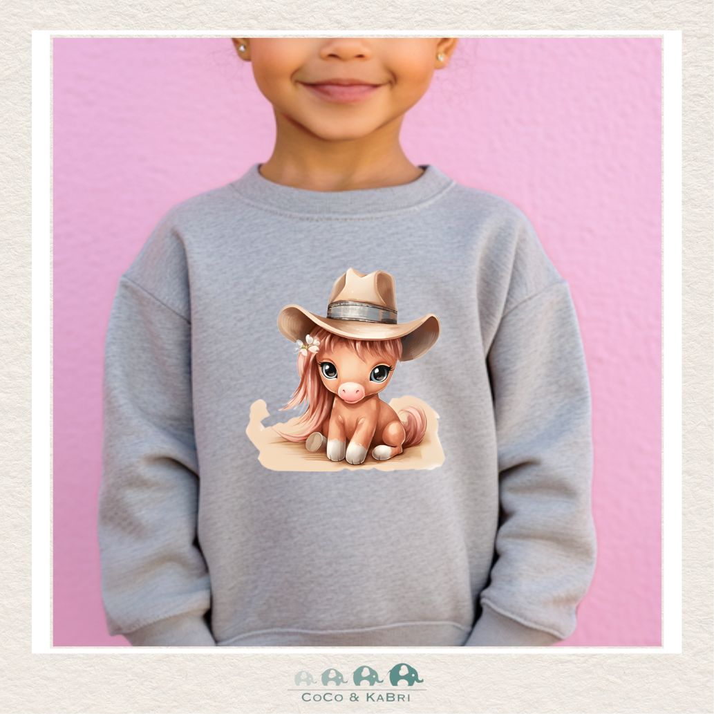 "The Drew" Sweatshirt - Toddler Fleece Crewneck (Heather Gray) with Cowgirl Horse, CoCo & KaBri Children's Boutique