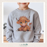 "The Drew" Sweatshirt - Toddler Fleece Crewneck (Heather Gray) with Highland Cow, CoCo & KaBri Children's Boutique