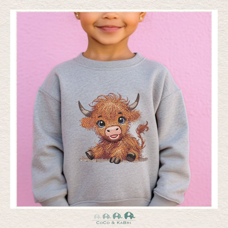 "The Drew" Sweatshirt - Toddler Fleece Crewneck (Heather Gray) with Highland Cow, CoCo & KaBri Children's Boutique