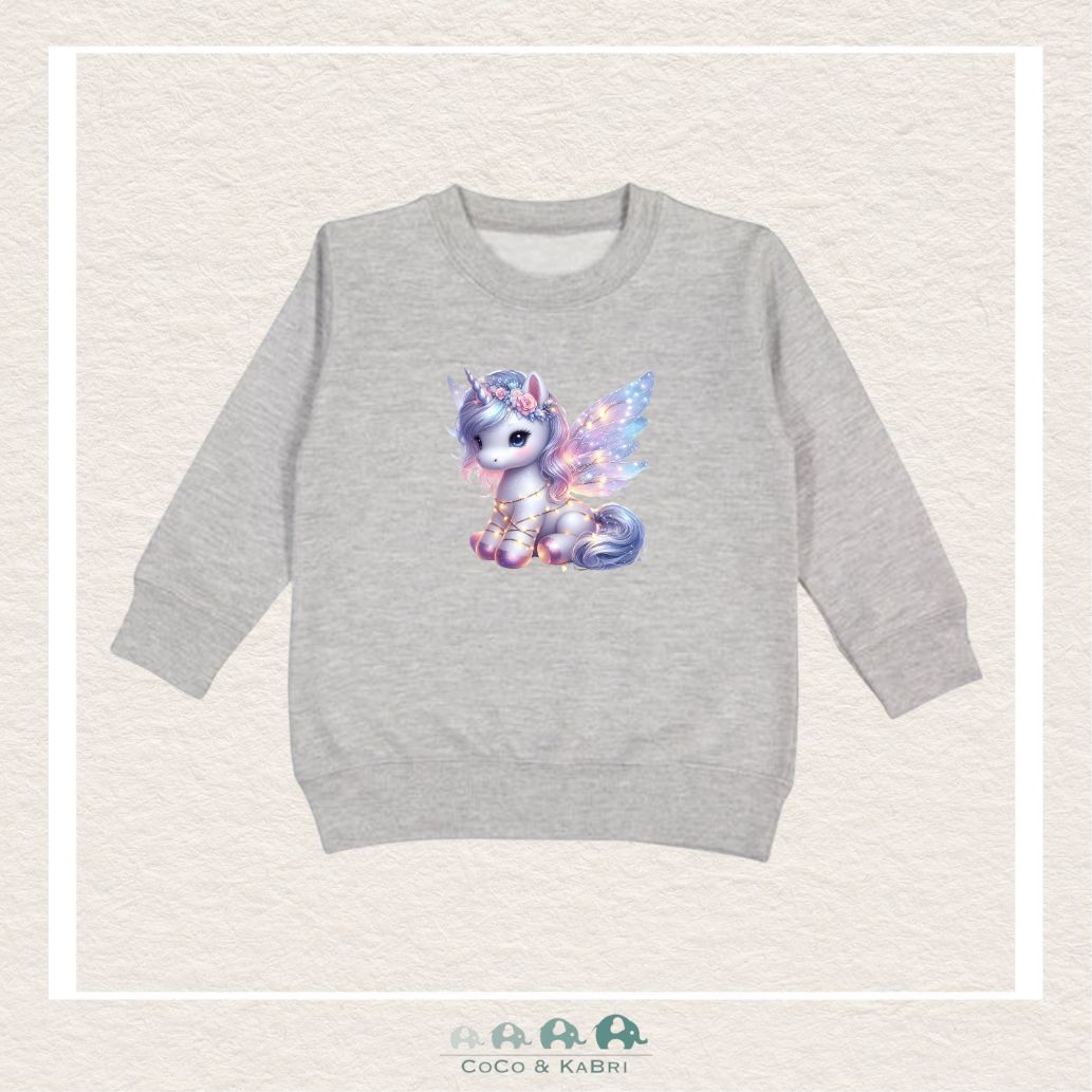 "The Drew" Sweatshirt - Toddler Fleece Crewneck (Heather Gray) with Unicorn Lights, CoCo & KaBri Children's Boutique