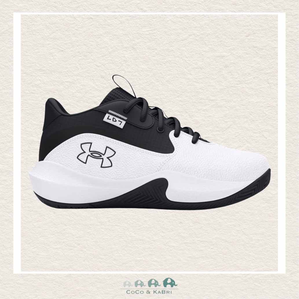 Under Armour Unisex Grade School Lockdown 7 Basketball Shoes - White/Black (O1 - 158), CoCo & KaBri Children's Boutique