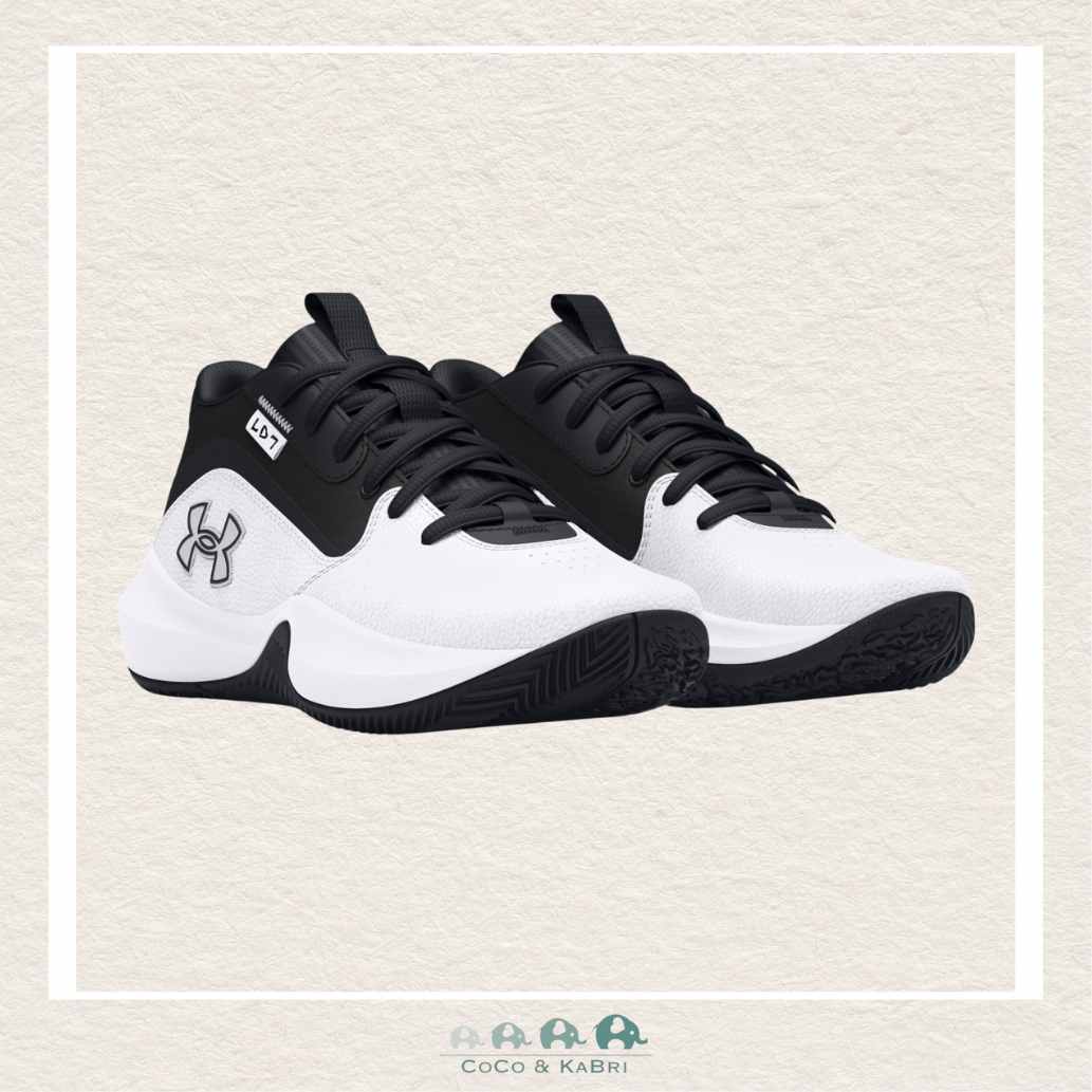 Under Armour Unisex Grade School Lockdown 7 Basketball Shoes - White/Black (O1 - 158), CoCo & KaBri Children's Boutique